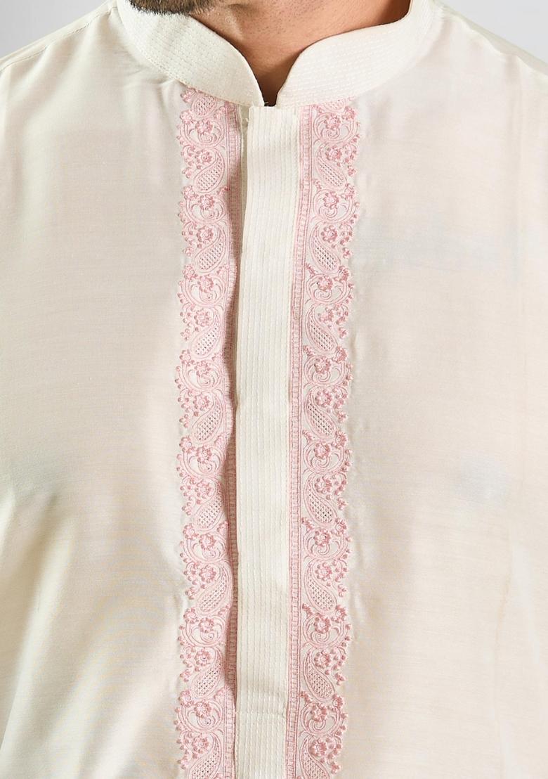 Cream Solid Silk Kurta Set For Men - Indya