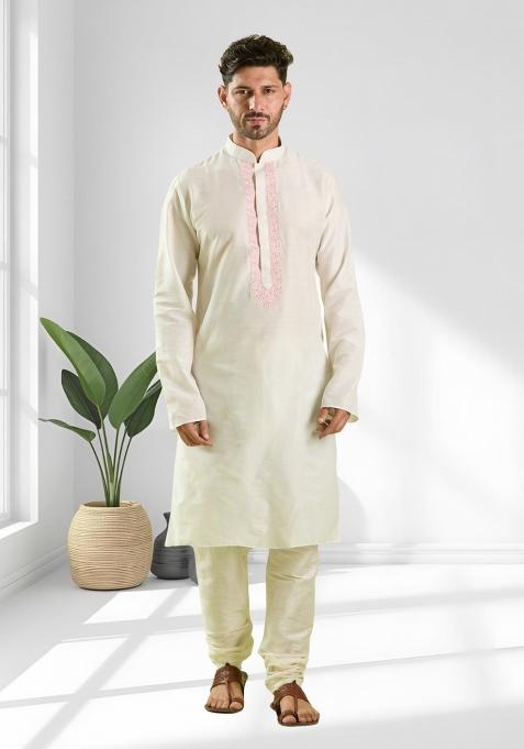 Cream Solid Silk Kurta Set For Men