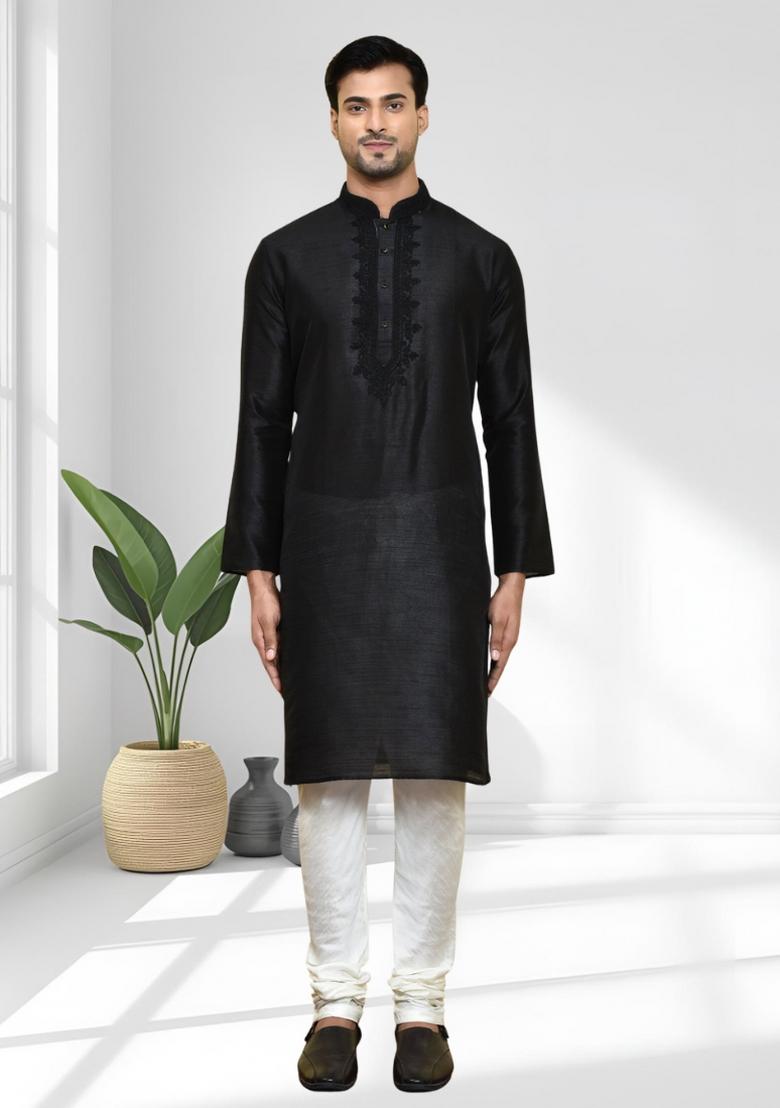 Black Solid Silk Kurta Set For Men - Indya