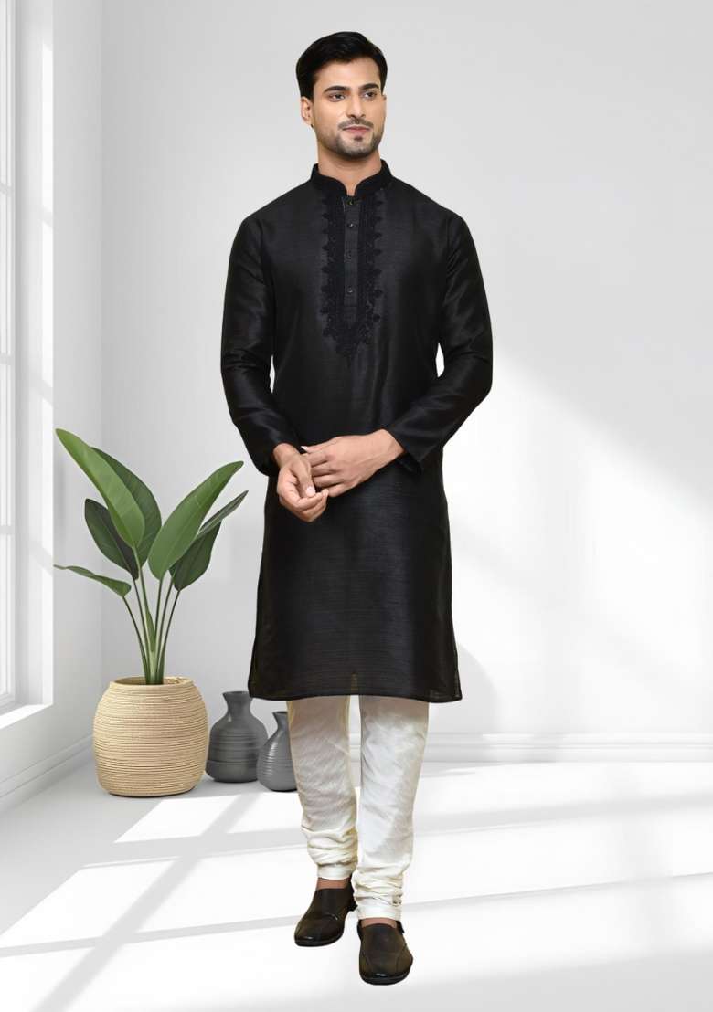 Black Solid Silk Blend Kurta Set For Men - Indya