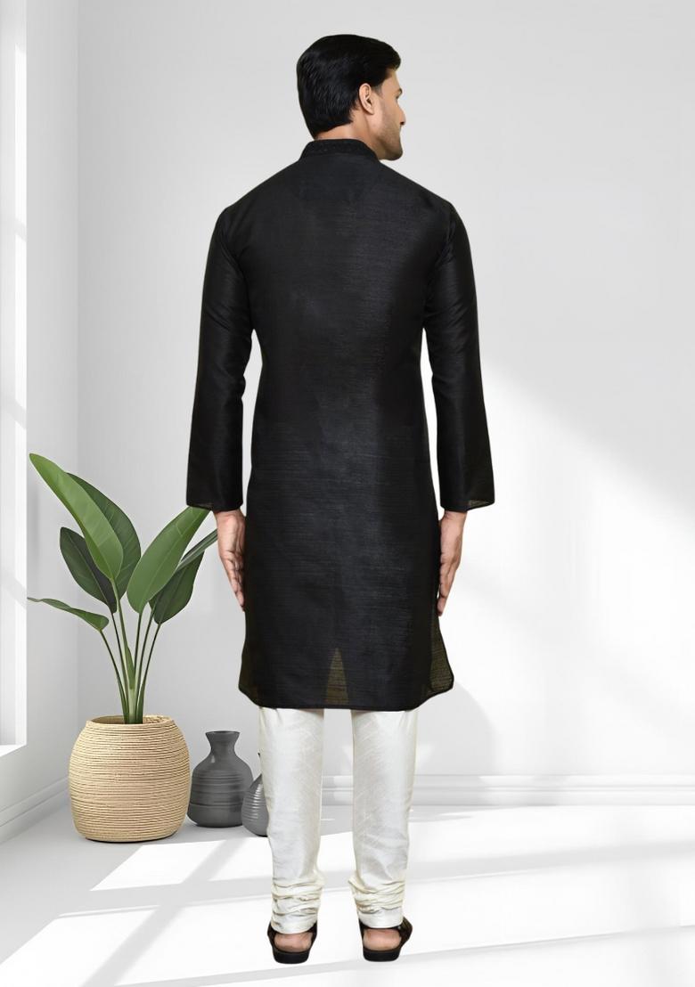 Black Solid Silk Kurta Set For Men - Indya