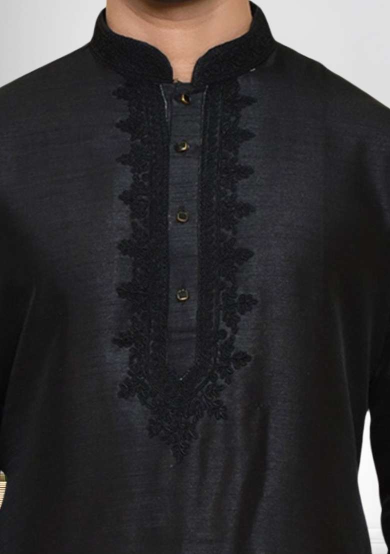 Black Solid Silk Blend Kurta Set For Men - Indya