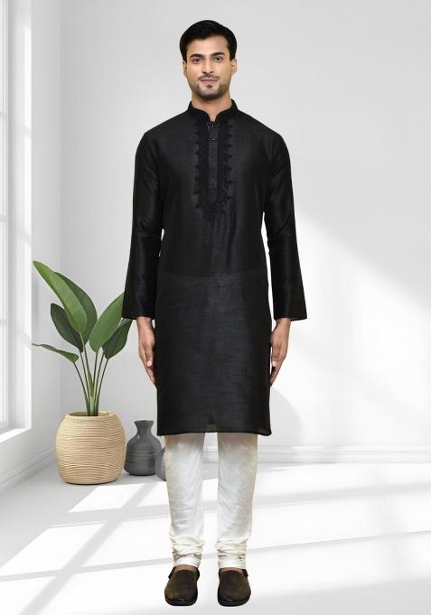 Black Solid Silk Kurta Set For Men