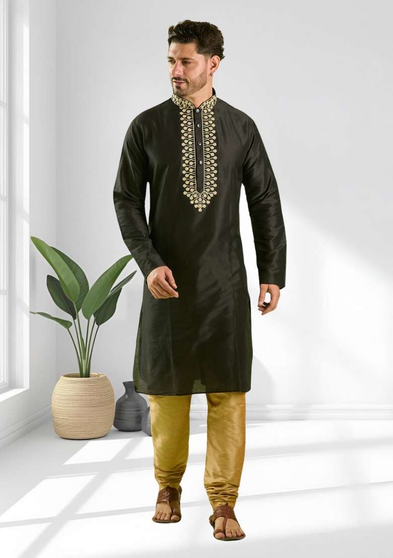 Black Solid Silk Blend Kurta Set For Men - Indya