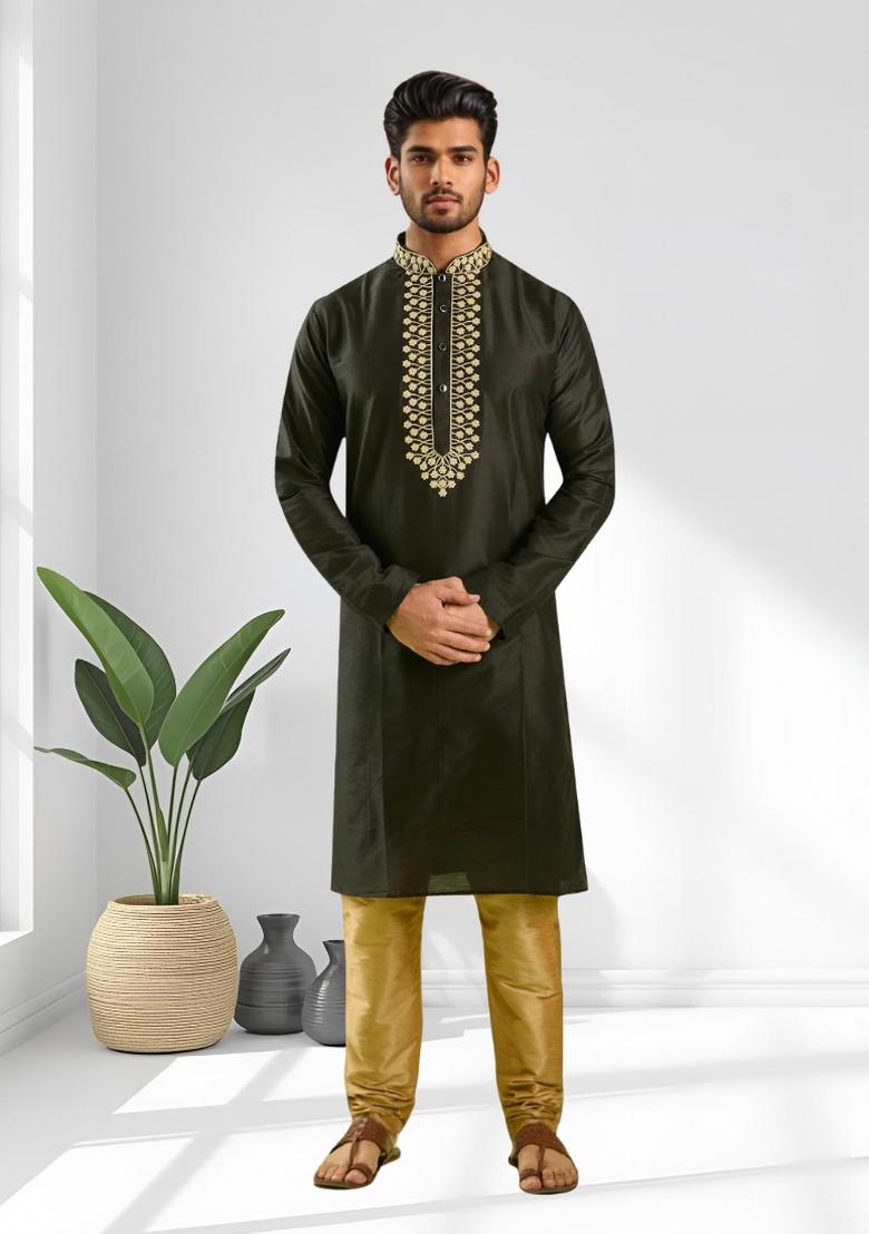 Black Solid Silk Kurta Set For Men - Indya