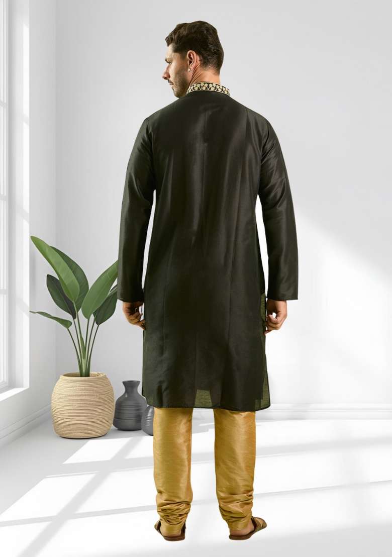 Black Solid Silk Blend Kurta Set For Men - Indya