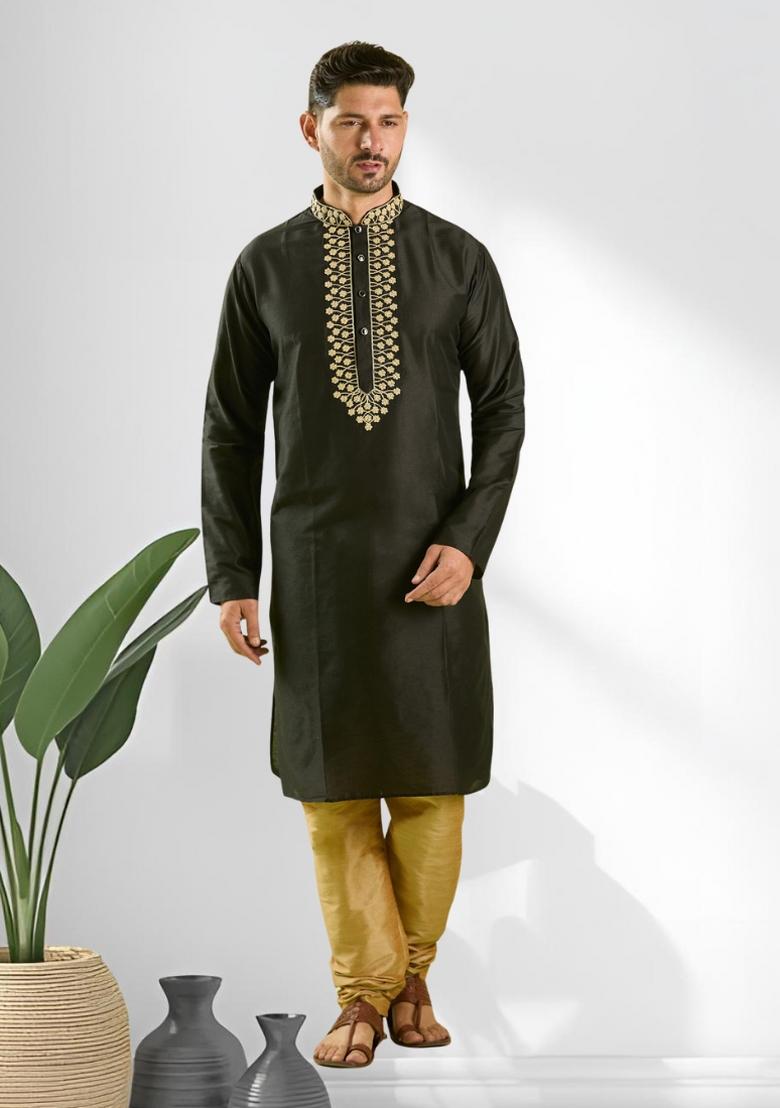 Black Solid Silk Kurta Set For Men - Indya