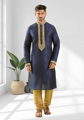 Navy Blue Solid Silk Kurta Set For Men