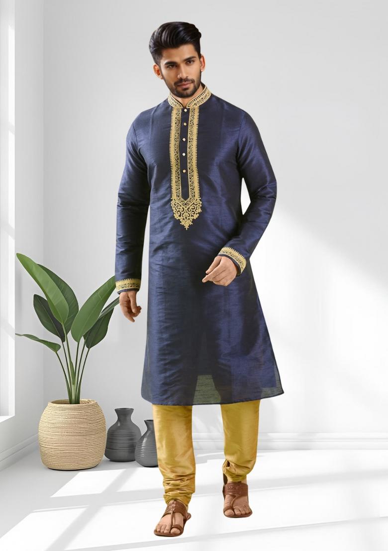 Navy Blue Solid Silk Kurta Set For Men - Indya