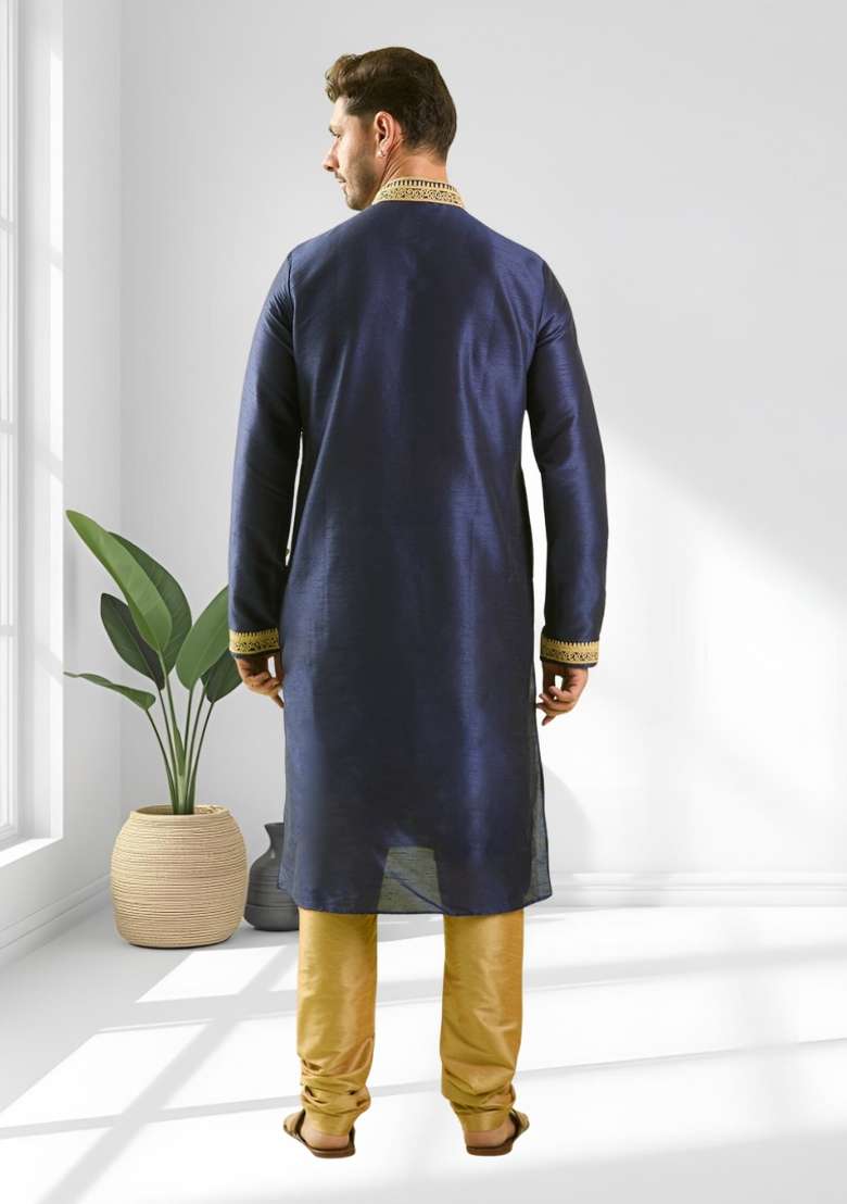 Navy Blue Solid Silk Blend Kurta Set For Men - Indya