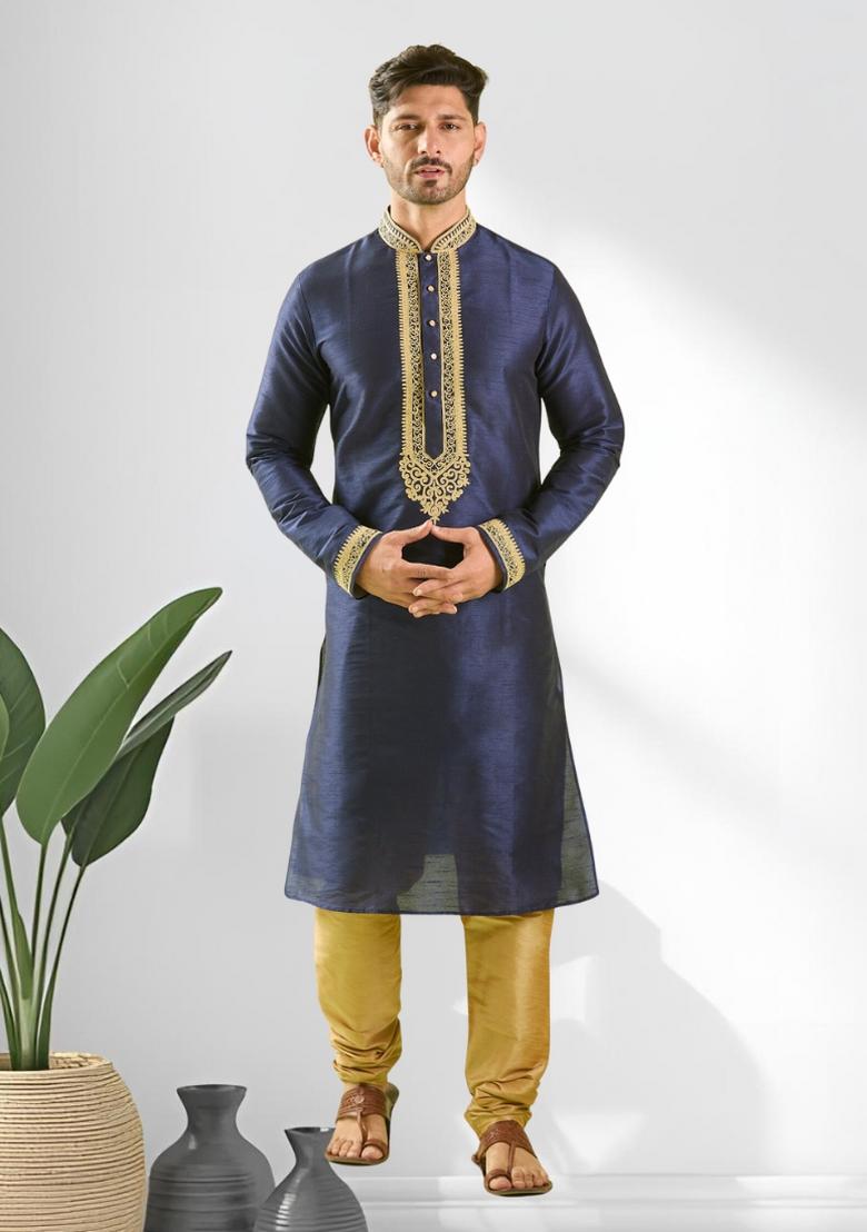 Navy Blue Solid Silk Kurta Set For Men - Indya