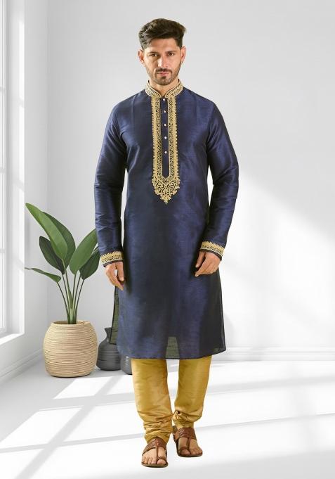 Navy Blue Solid Silk Blend Kurta Set For Men