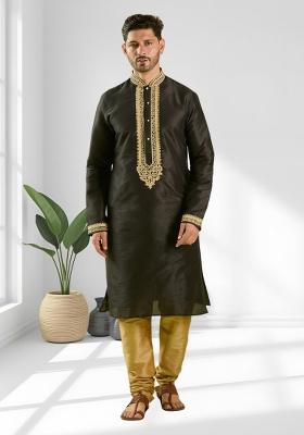 Black Solid Silk Kurta Set For Men
