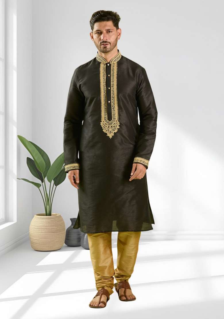 Black Solid Silk Blend Kurta Set For Men - Indya