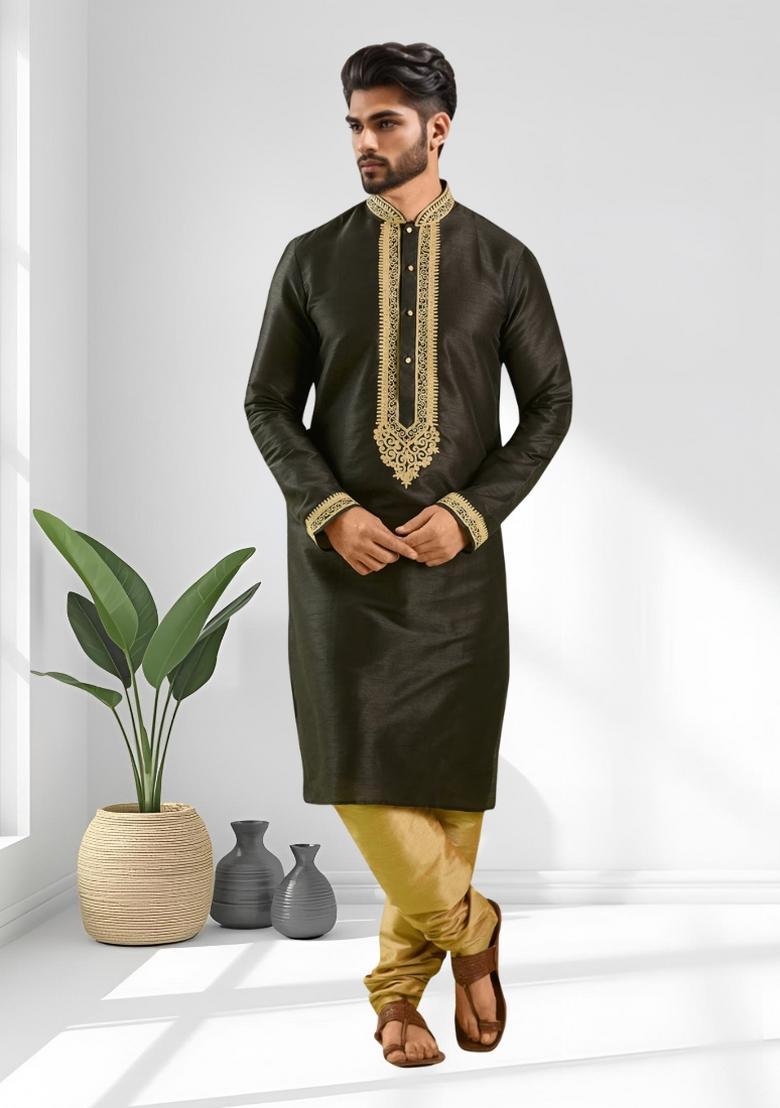 Black Solid Silk Kurta Set For Men - Indya