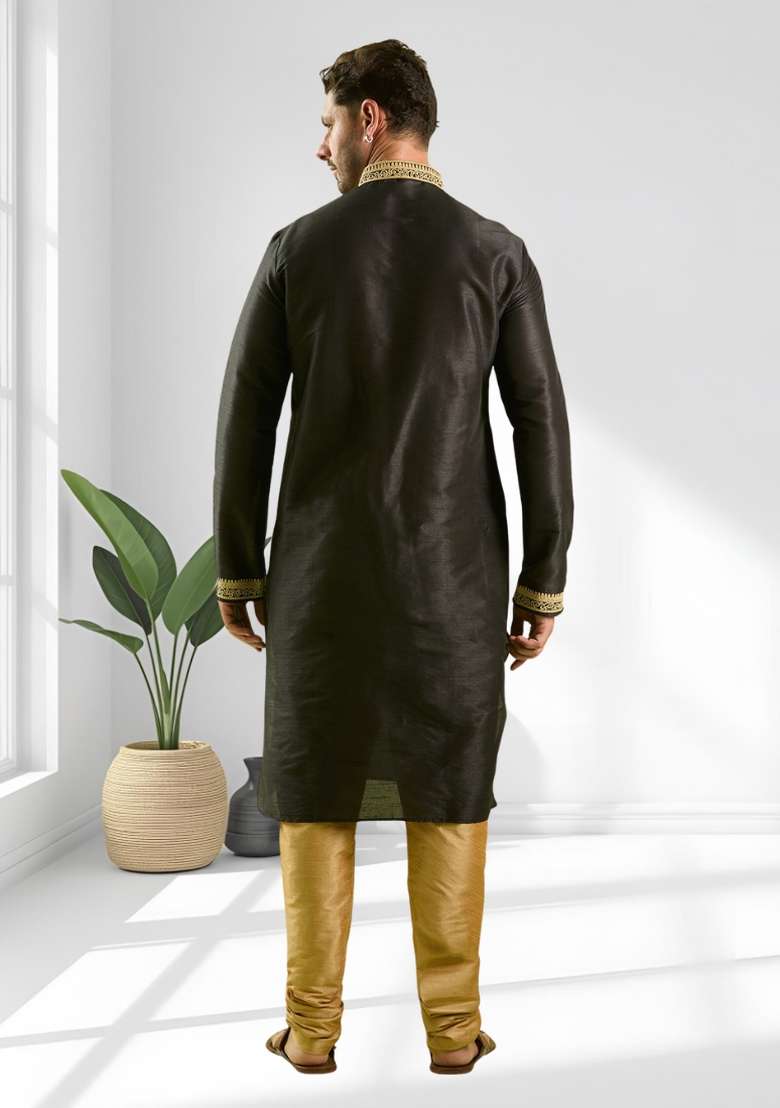 Black Solid Silk Blend Kurta Set For Men - Indya