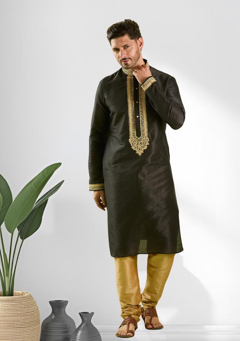Black Solid Silk Kurta Set For Men - Indya