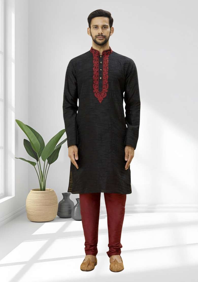 Black Solid Silk Blend Kurta Set For Men - Indya