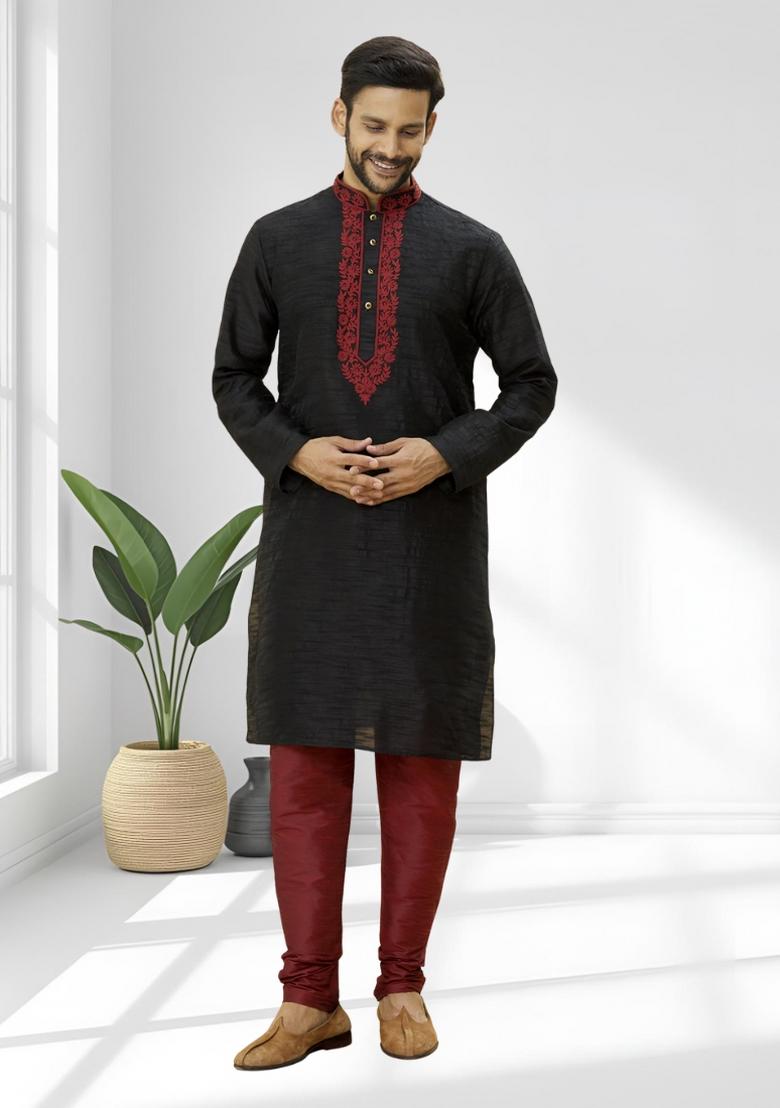Black Solid Silk Kurta Set For Men - Indya