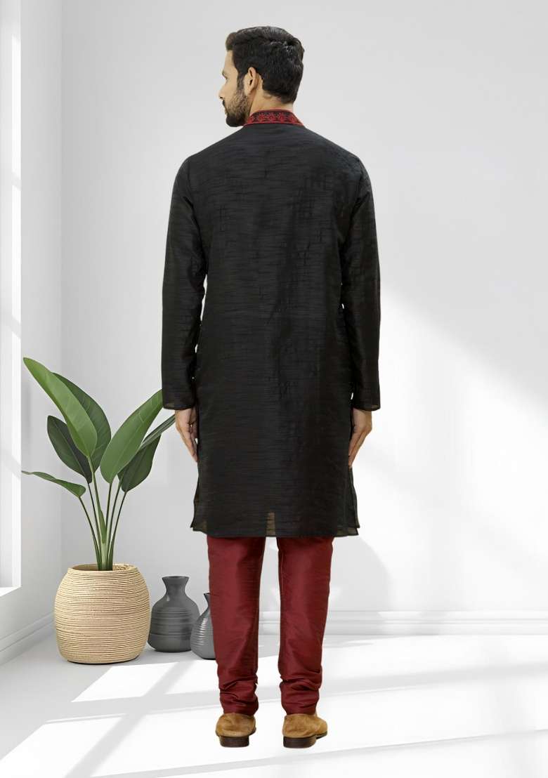 Black Solid Silk Blend Kurta Set For Men - Indya