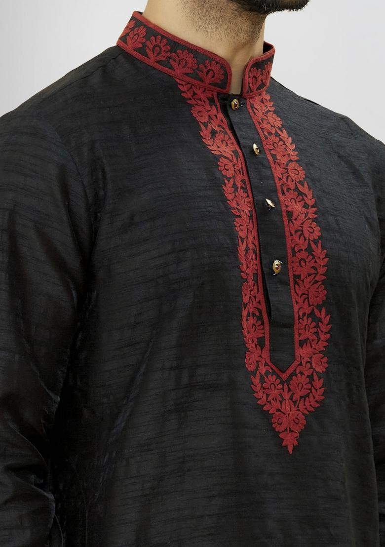 Black Solid Silk Kurta Set For Men - Indya