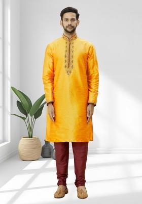 Yellow Solid Silk Kurta Set For Men