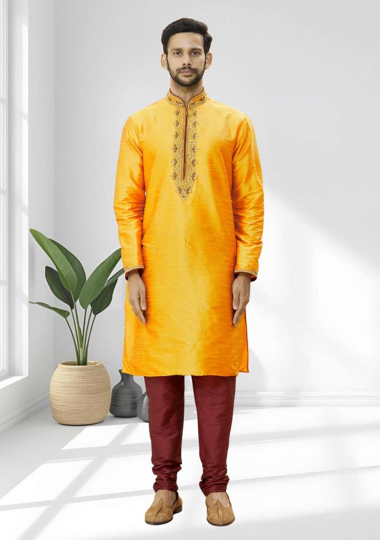 Yellow Solid Silk Blend Kurta Set For Men - Indya