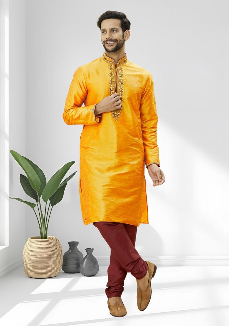 Yellow Solid Silk Kurta Set For Men - Indya