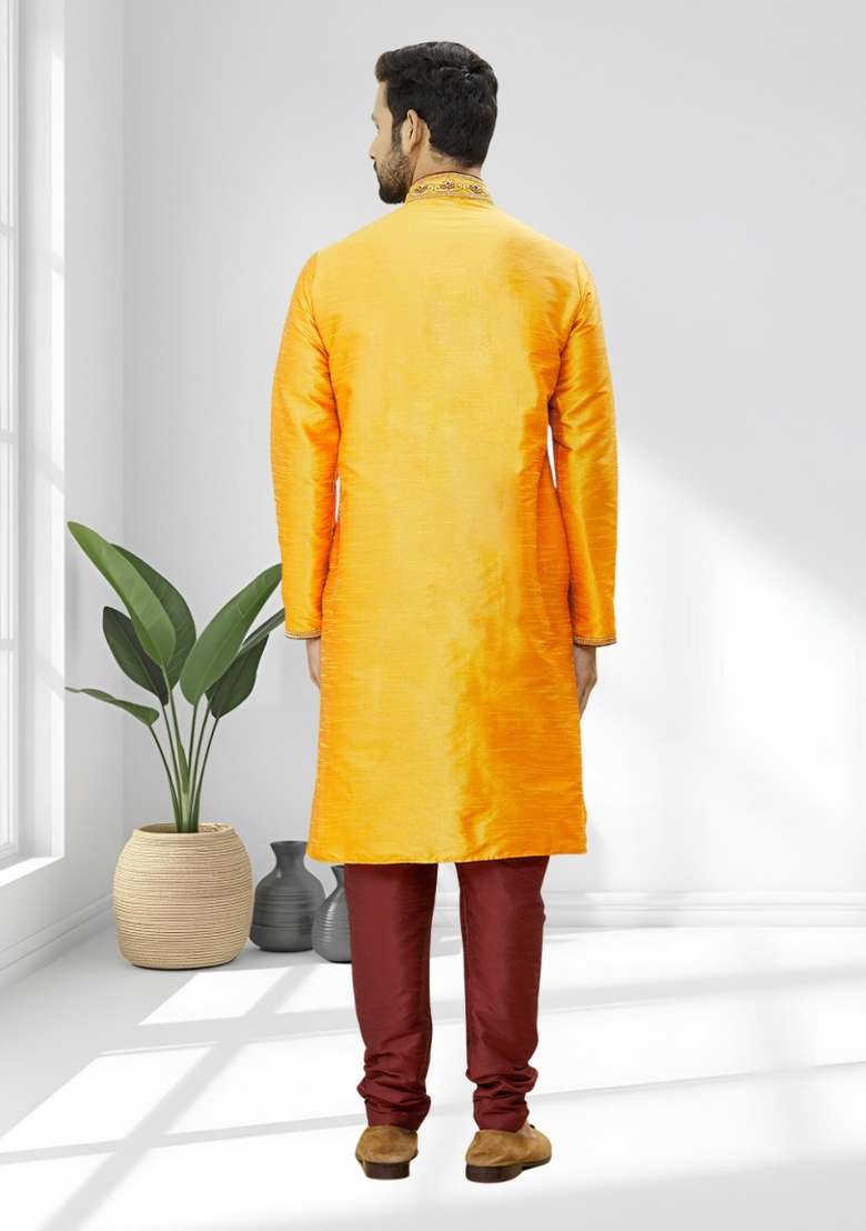 Yellow Solid Silk Blend Kurta Set For Men - Indya