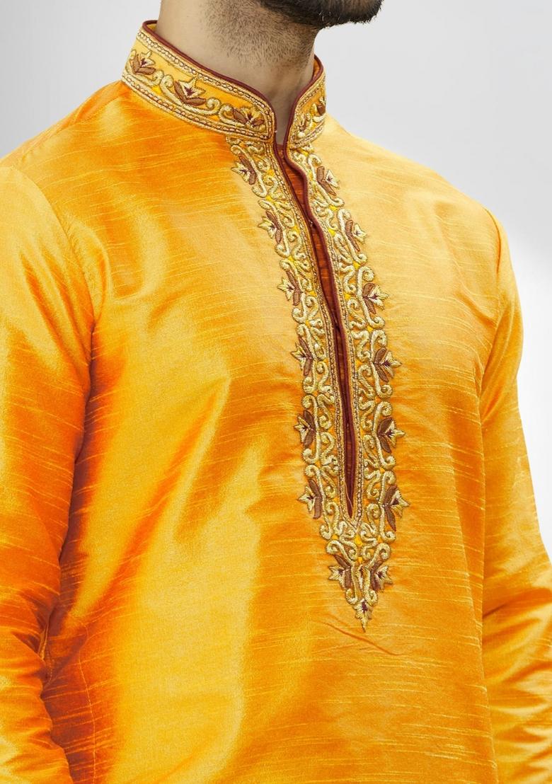 Yellow Solid Silk Kurta Set For Men - Indya