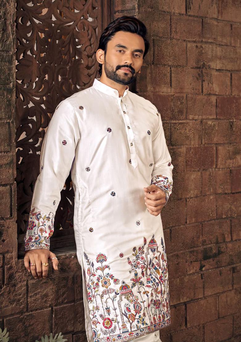 White Multi Thread Work Silk Kurta For Men - Indya