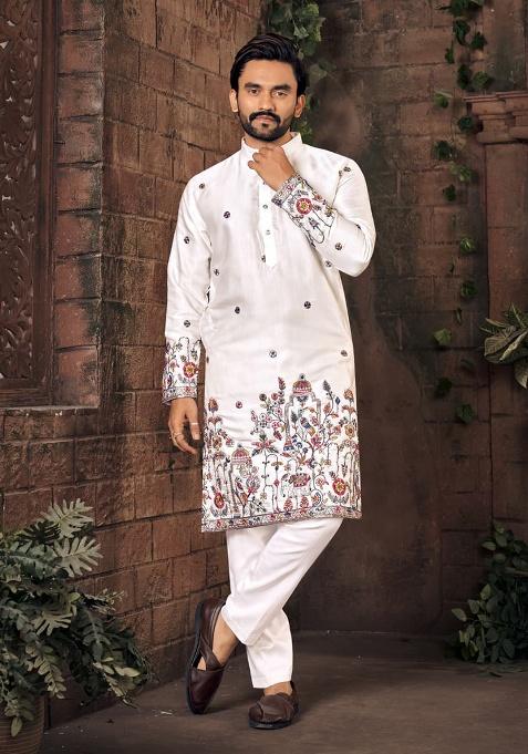 White Multi Thread Work Silk Kurta Set For Men