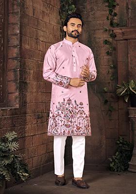 Pink Multi Thread Work Silk Kurta For Men