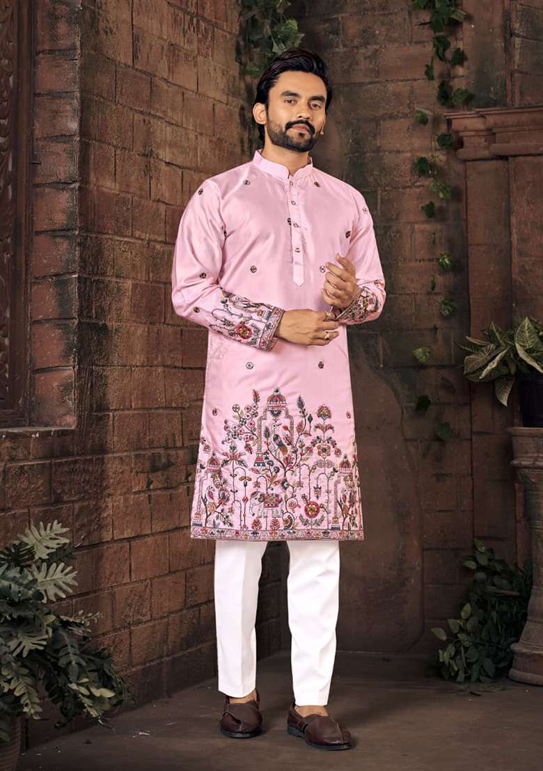 Pink Multi Thread Work Silk Blend Kurta For Men - Indya