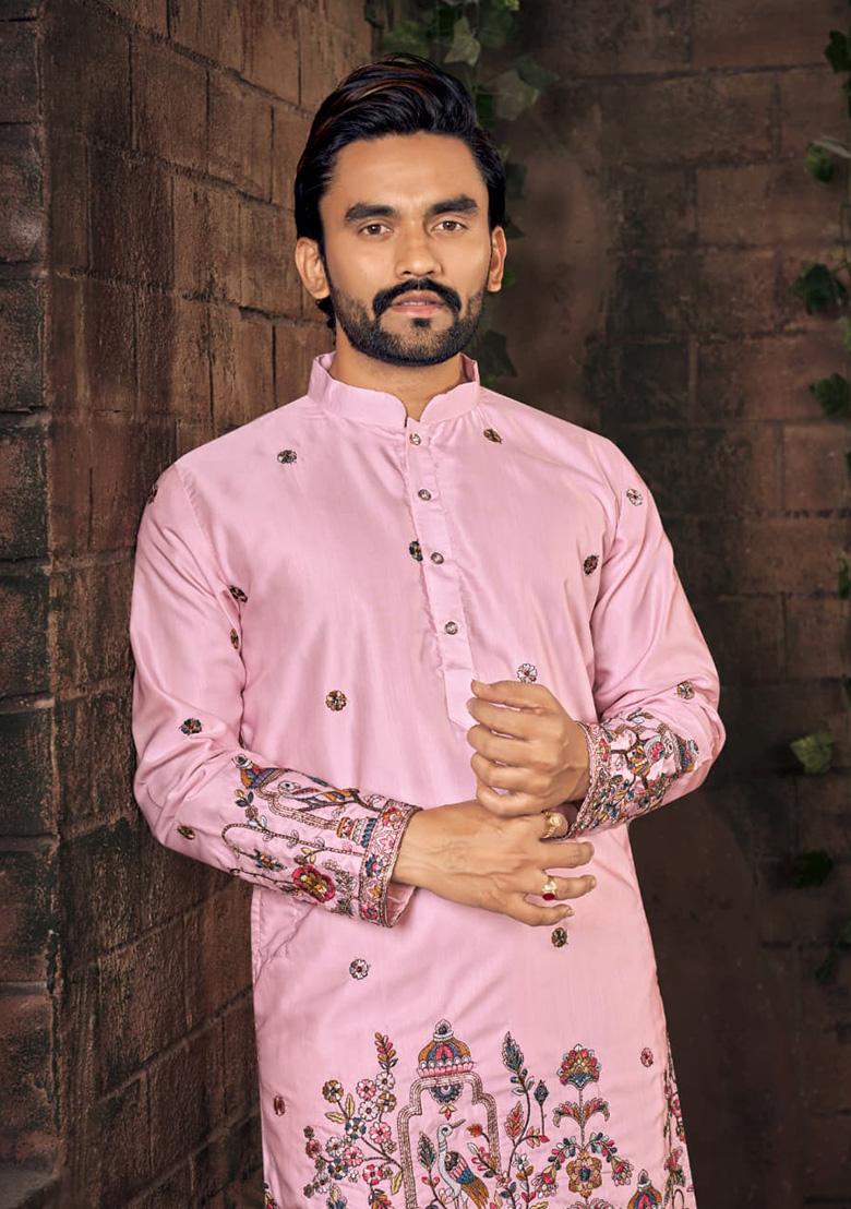 Pink Multi Thread Work Silk Kurta For Men - Indya