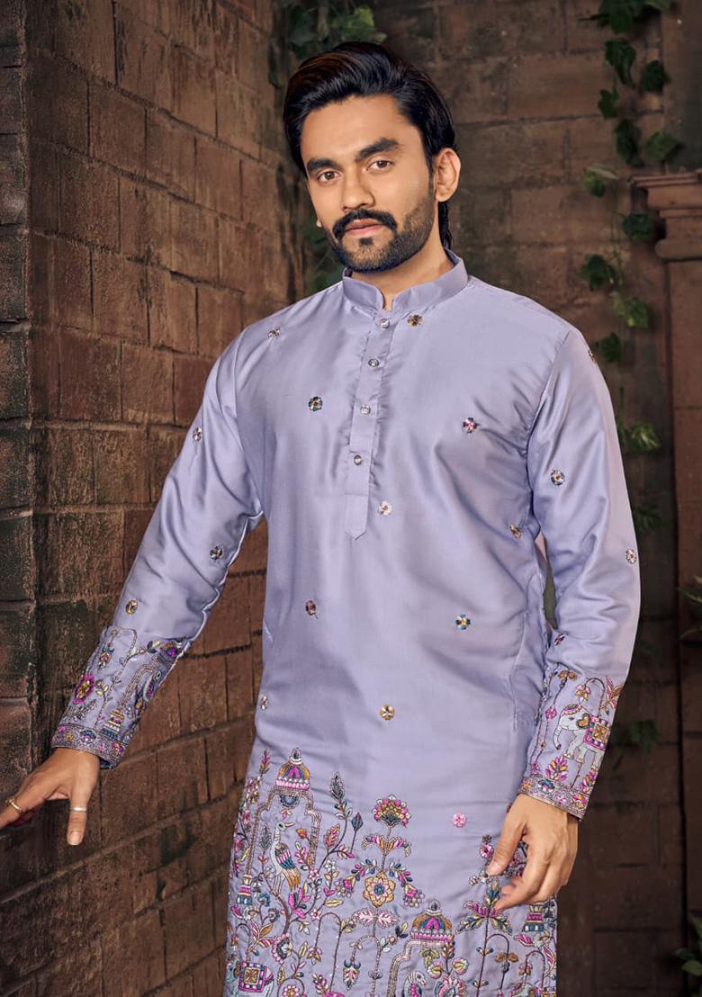 Purple Multi Thread Work Silk Kurta For Men - Indya