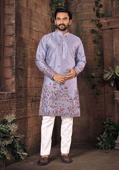 Purple Multi Thread Work Silk Kurta Set For Men