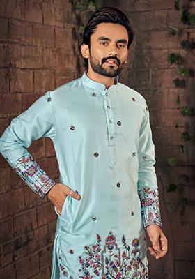 Blue Multi Thread Work Silk Kurta For Men