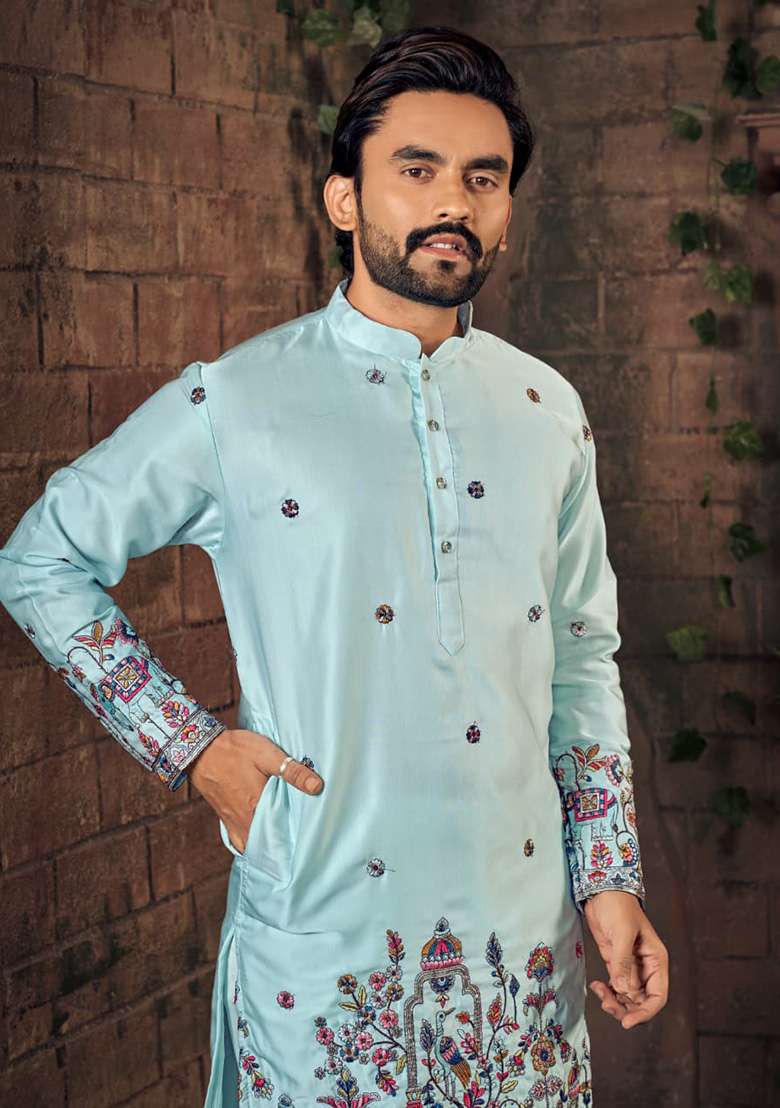 Blue Multi Thread Work Silk Blend Kurta For Men - Indya