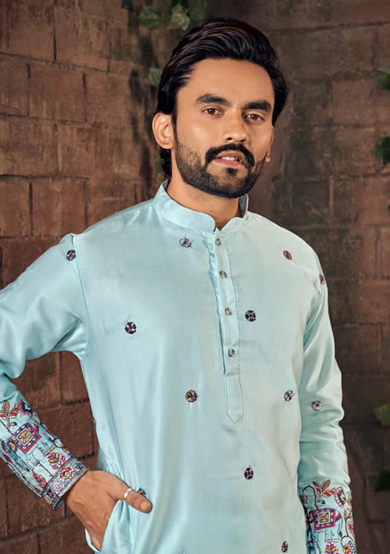 Blue Multi Thread Work Silk Kurta For Men - Indya