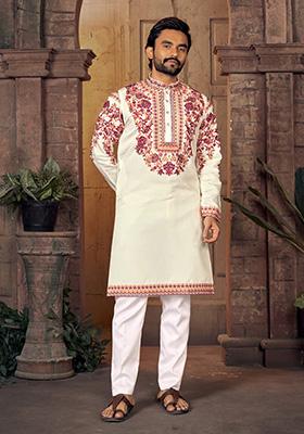 White Multi Thread Work Silk Kurta For Men