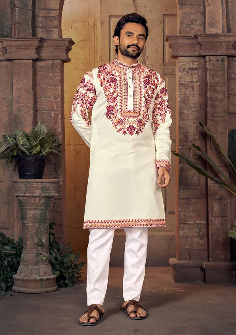 White Multi Thread Work Silk Blend Kurta For Men - Indya