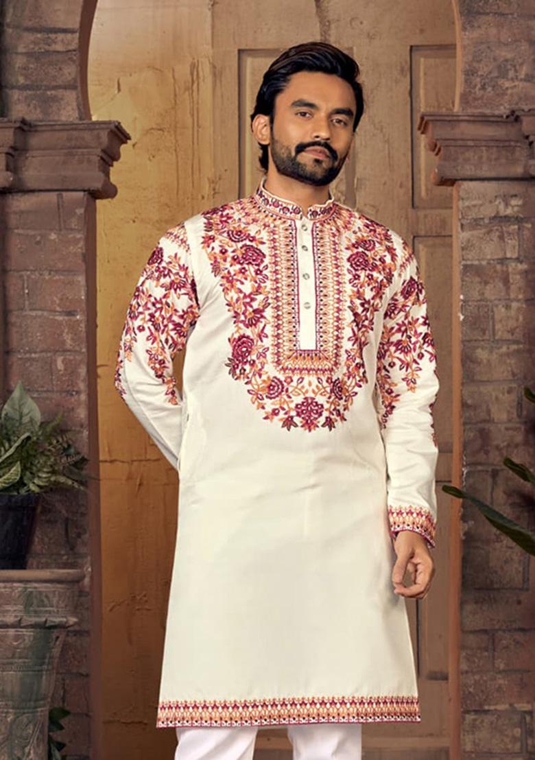 White Multi Thread Work Silk Kurta For Men - Indya