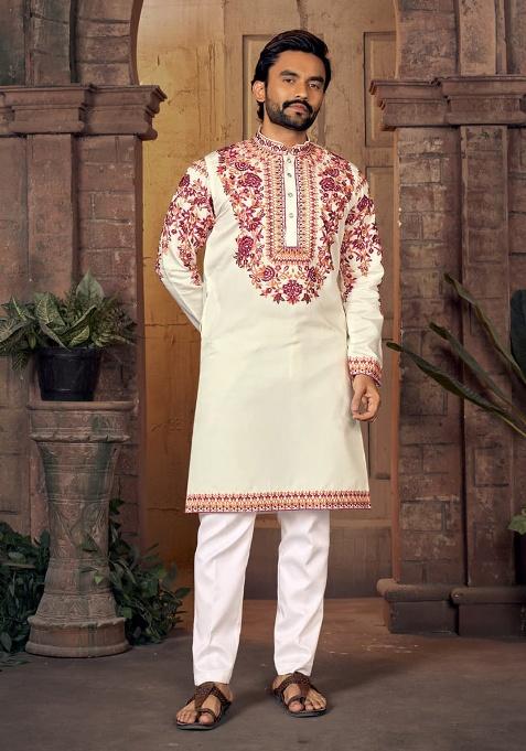 White Multi Thread Work Silk Kurta Set For Men