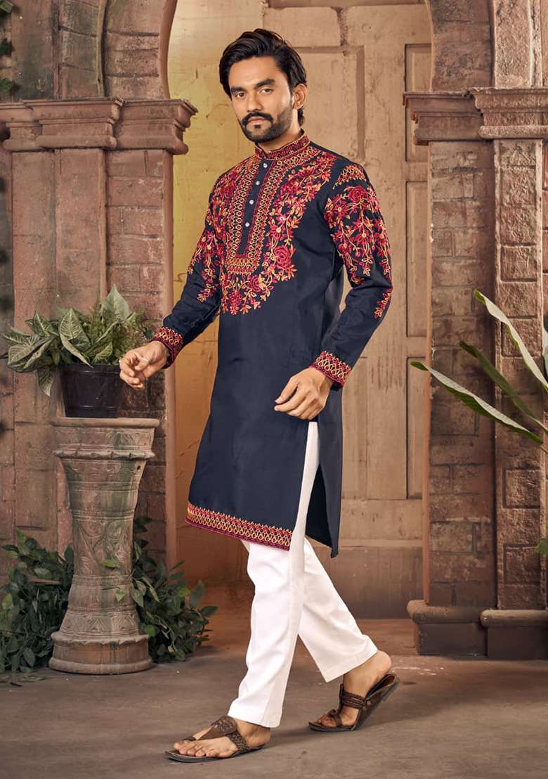 Blue Multi Thread Work Silk Blend Kurta For Men - Indya