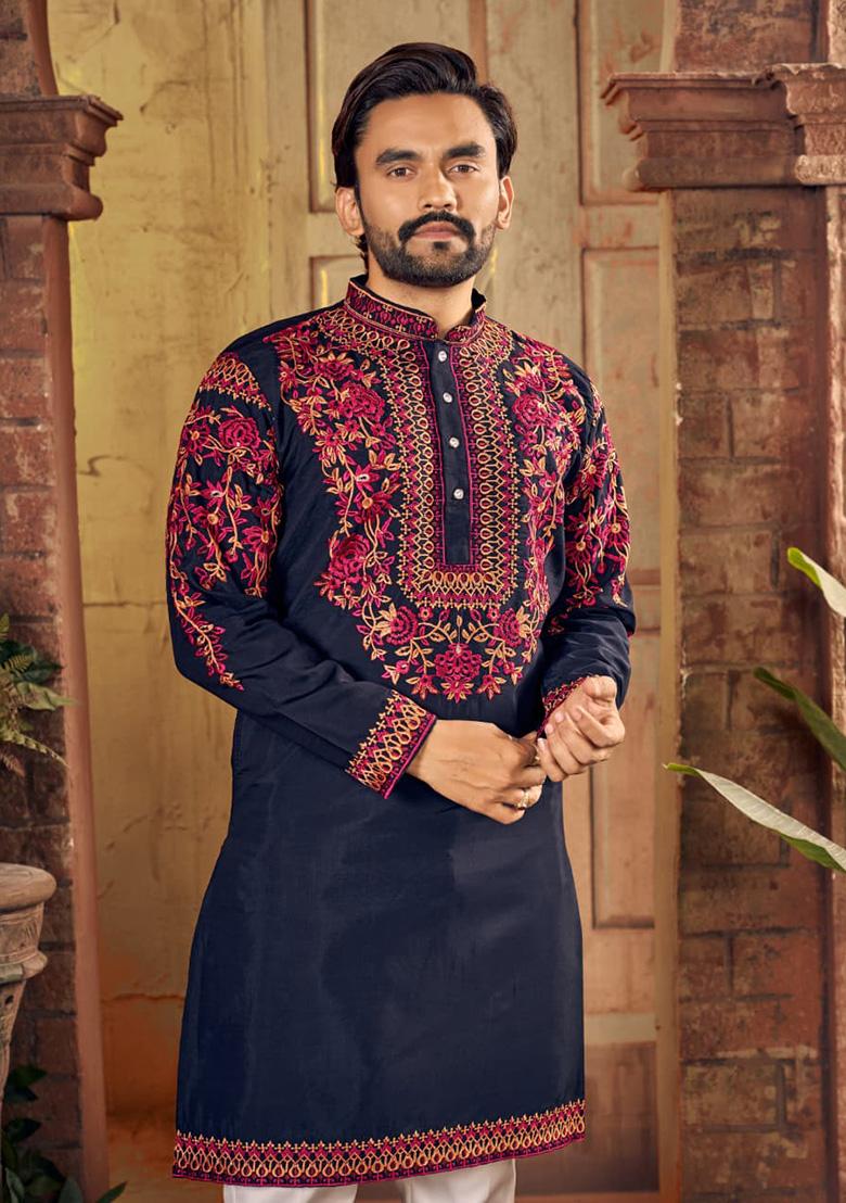 Blue Multi Thread Work Silk Kurta For Men - Indya