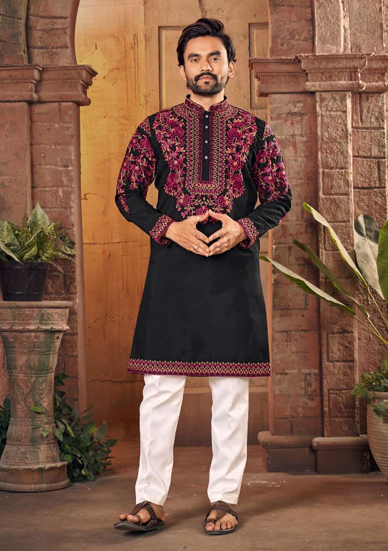 Black Multi Thread Work Silk Blend Kurta For Men - Indya