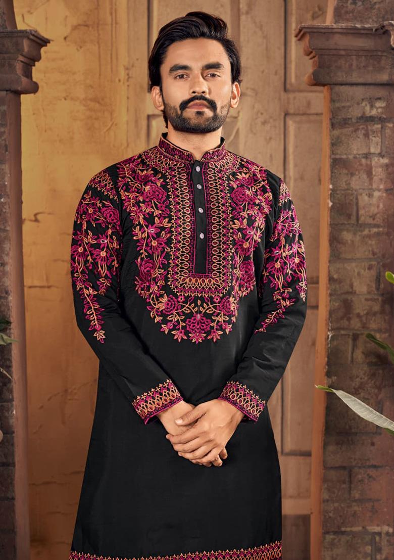 Black Multi Thread Work Silk Kurta For Men - Indya