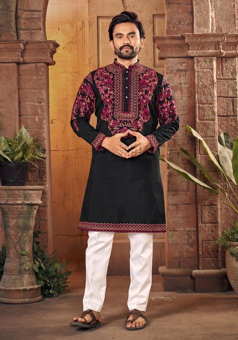 Black Multi Thread Work Silk Kurta Set For Men