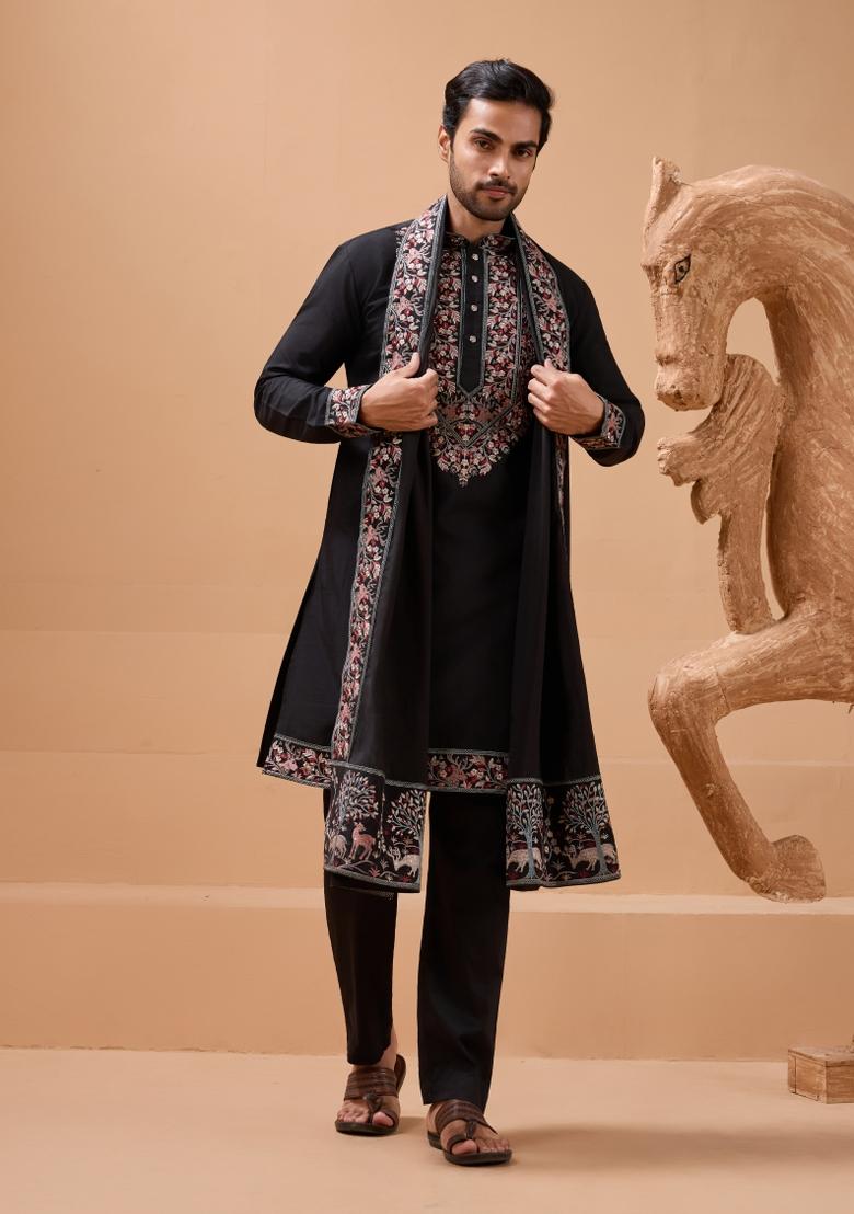 Black Embroidery Silk Kurta Set For Men - Indya
